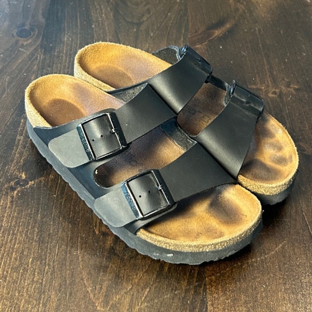 Papillio Birkenstock Arizona Platform Sandals 38 Black Two Strap Boho Minimalist